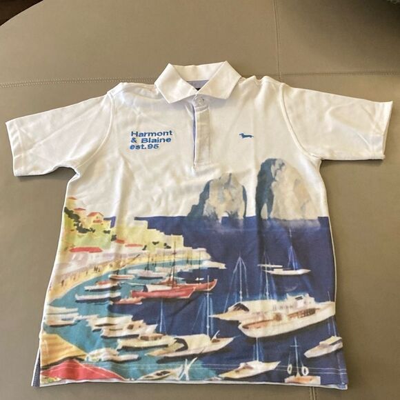 Harmont & Blaine Boys’ Short Sleeve Cotton Pique Polo Shirt with Harbor Scene. - Picture 1 of 11